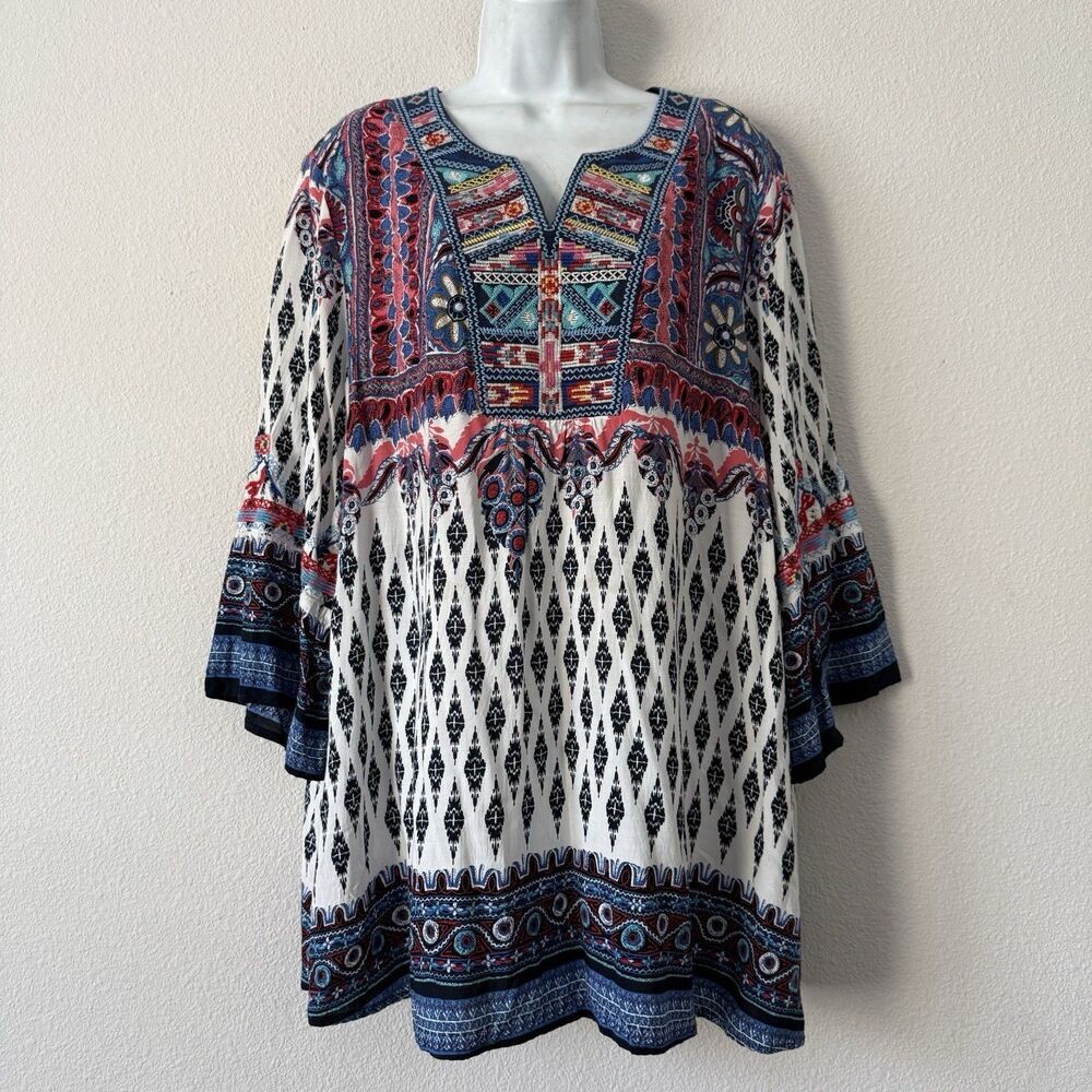 CALESSA Tunic Top Plus 2X Multicolor Ikat Boho Embroidered Bib Peasant Blouse